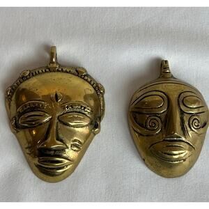 2 African Bauli Tribe Brass Bronze Face Gold Pendants Charm 2.5” Necklace